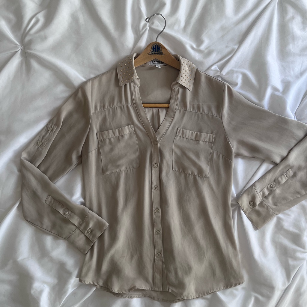 Express Beige Studded Collar Button-Up Blouse - Portofino Shirt